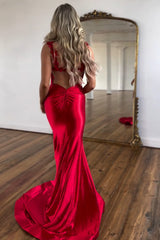 Red Prom Dress Spaghetti Straps Mermaid Satin Long Evening Dress with Slit
