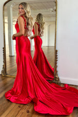 Red Prom Dress Spaghetti Straps Mermaid Satin Long Evening Dress with Slit