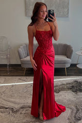 Red Prom Dress Spaghetti Straps Ruhed Long Lace Formal Dress With Appliques