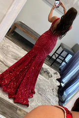 Red Prom Dress Sparkly Deep V Neck Sequin Mermaid Evening Dress