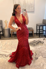 Red Prom Dress Sparkly Deep V Neck Sequin Mermaid Evening Dress