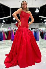 Red Prom Dress Strapless A Line Long Pageant Dress With Bow
