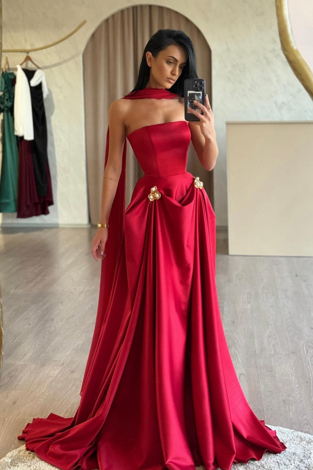 Red Prom Dress Strapless A Line Sleeveless Floor Length Satin Simple Formal Dress With Sash