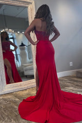 Red Prom Dress Strapless Corset Long Evening Dress with Slit
