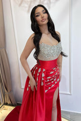 Red Prom Dress Strapless Mermaid Beaded Sleeveless Slit Panel Train Satin Formal Dress With Rhinestone
