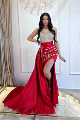 Red Prom Dress Strapless Mermaid Beaded Sleeveless Slit Panel Train Satin Formal Dress With Rhinestone