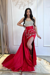 Red Prom Dress Strapless Mermaid Beaded Sleeveless Slit Panel Train Satin Formal Dress With Rhinestone