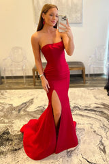 Red Prom Dress Strapless Mermaid Evening Dress With Slit