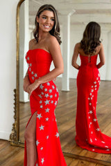 Red Prom Dress Strapless Mermaid Long Evening Dress with Stars