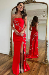 Red Prom Dress Strapless Mermaid Long Evening Dress with Stars