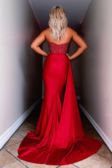 Red Prom Dress Strapless Sequined Evening Dress with Slit