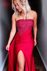 Red Prom Dress Strapless Sequined Evening Dress with Slit