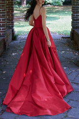 Red Prom Dress V Neck Satin Long Evening Dress