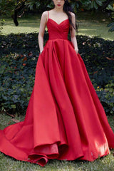 Red Prom Dress V Neck Satin Long Evening Dress