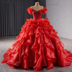 Red Puff Sleeve Quinceanera Dress Organza Ball Gown Sweet 16 Dress