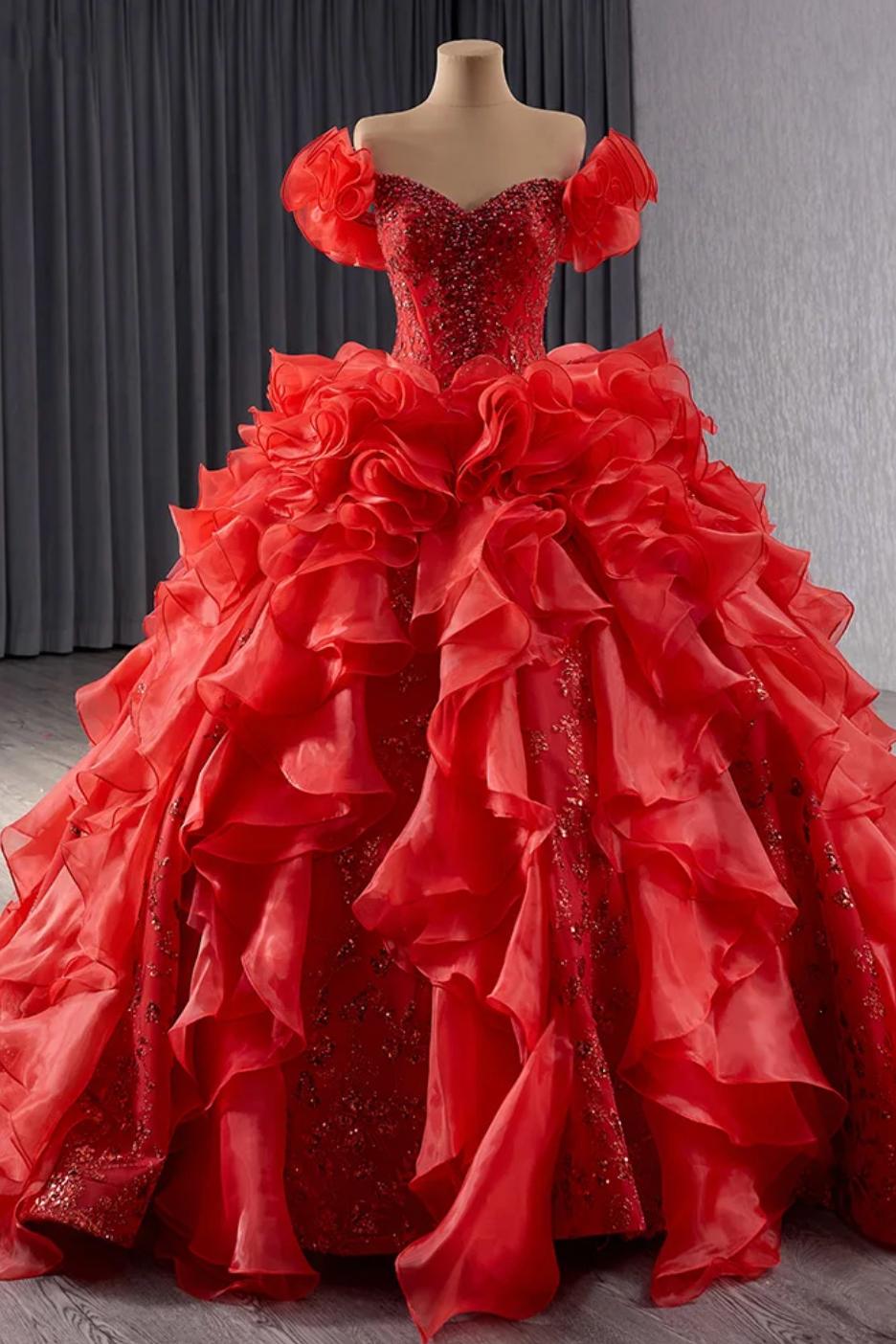 red sweet 16 dress Red Puff Sleeve Quinceanera Dress Organza Ball Gown Sweet 16 Dress –  Dreamyannie