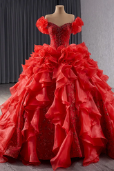Red Puff Sleeve Quinceanera Dress Organza Ball Gown Sweet 16 Dress
