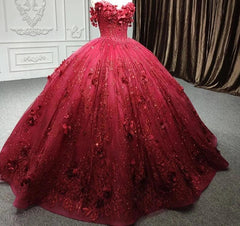 Red Quinceanera Dress Ball Gown Sequined Flowers Sweet 16 Dress