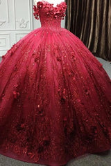 Red Quinceanera Dress Ball Gown Sequined Flowers Sweet 16 Dress