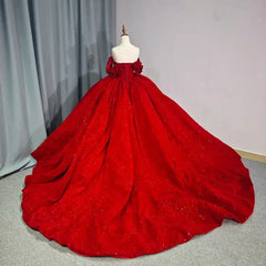 Red Quinceanera Dress Ball Gown V-Neck Lace Beading Short Sleeves Court Train Sweet 16 Party Dress