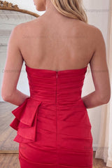 Red Ruffled Strapless Ruched Tight Short Homecoming Dress