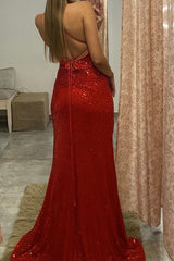 Red Spaghetti Strap Evening Dress with Sequin Split
