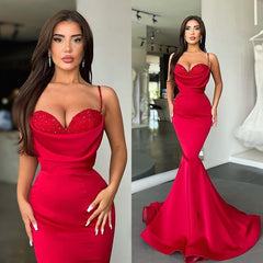 Red Spaghetti Straps Mermaid Prom Dress Long On Sale