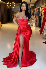 Red Split Mermaid Off The Shoulder Beadings Sweetheart Evening Dress Long with Ruffles