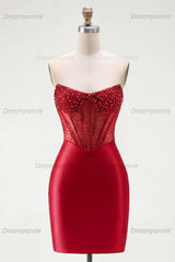 Red Strapless Corset Tight Short Homecoming Dress with Rhinestones