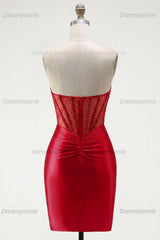 Red Strapless Corset Tight Short Homecoming Dress with Rhinestones