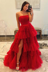 Red Strapless Prom Dress Tulle Long Tiered Evening Dress with Slit