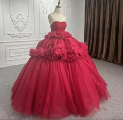 Red Strapless Quinceanera Dress Tulle Ball Gown Sweet 16 Dress