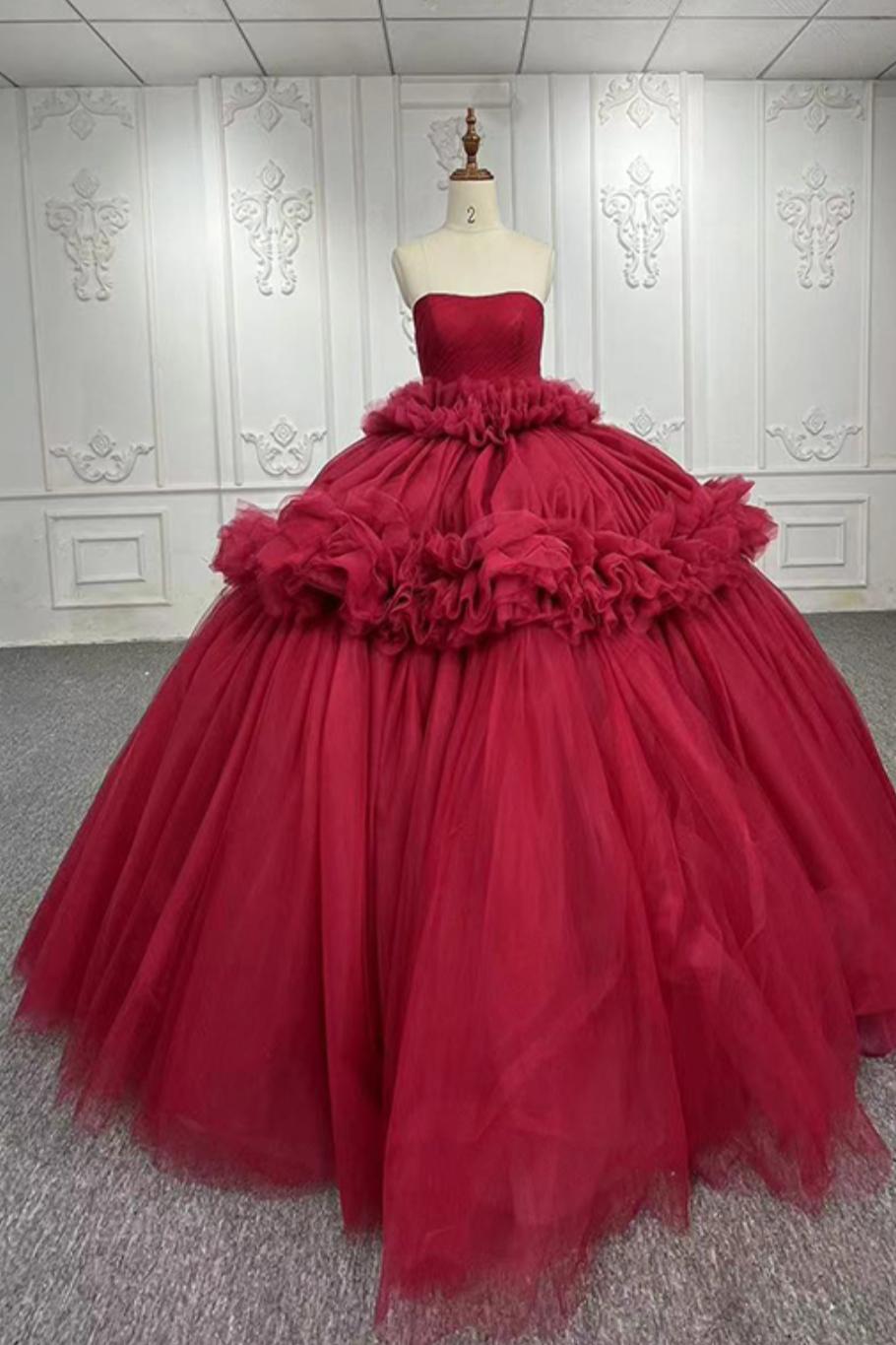 Red Strapless Quinceanera Dress Tulle Ball Gown Sweet 16 Dress