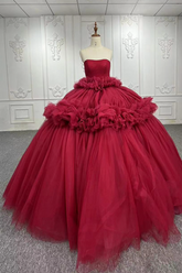 Red Strapless Quinceanera Dress Tulle Ball Gown Sweet 16 Dress