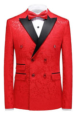Red Three Piece Double Breasted Jacquard Prom Suit