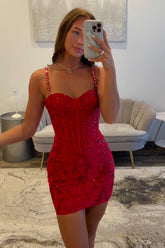 Red Tight Homecoming Dresses Short Corset Cocktail Dresses With Beading