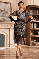 Red V-Neck Batwing Sleeve Fringe 1920s Gatsby Dress