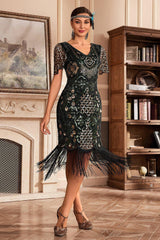 Red V-Neck Batwing Sleeve Fringe 1920s Gatsby Dress