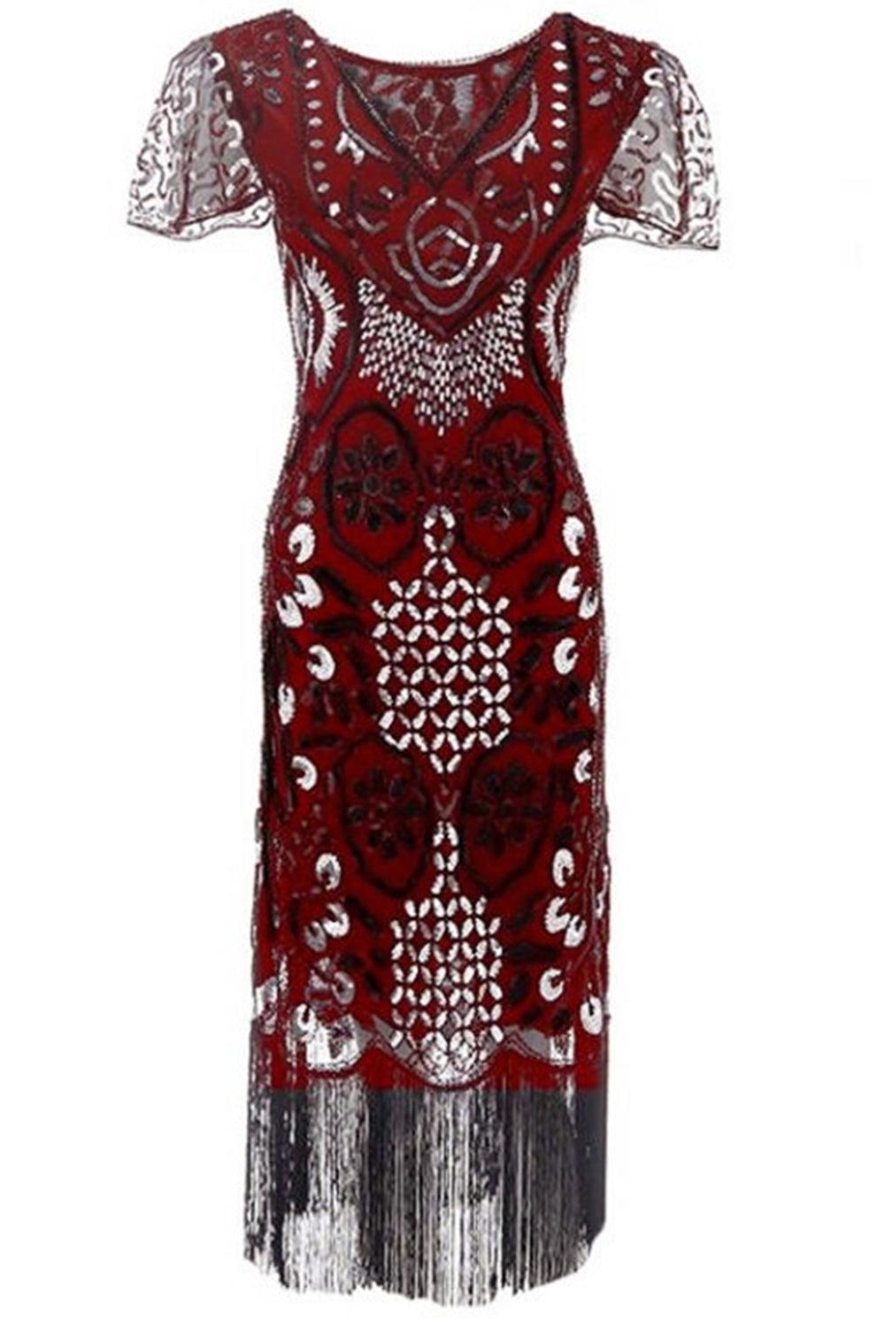Red V-Neck Batwing Sleeve Fringe 1920s Gatsby Dress