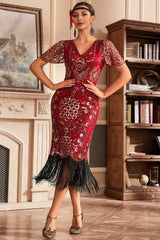 Red V-Neck Batwing Sleeve Fringe 1920s Gatsby Dress