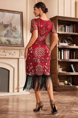Red V-Neck Batwing Sleeve Fringe 1920s Gatsby Dress