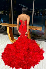 Red V-Neck Strapless Mermaid Beadings Prom Dress with Ruffles