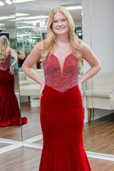 Red Velvet Formal Dress V-Neck Beaded Mermaid Mermaid Evening Dress