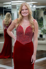 Red Velvet Formal Dress V-Neck Beaded Mermaid Mermaid Evening Dress