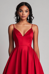 Red Wedding Guest Dress Satin A-Line Tea Length Spaghetti Straps Formal Dress