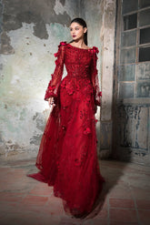 Red Long Sleeve Prom Dress Beaded Bateau Neck Bridal Gown with 3D Flowers