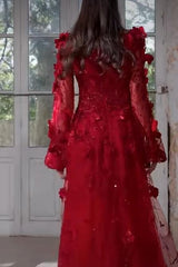 Red Long Sleeve Prom Dress Beaded Bateau Neck Bridal Gown with 3D Flowers