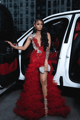 Red Tulle Prom Dress Ruffled Sequined V Neck Formal Evening Gown with 3D Flowers