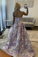 Romantic Purple Floral A-Line Strapless Long Prom Dress With Bow Formal Evening Gown