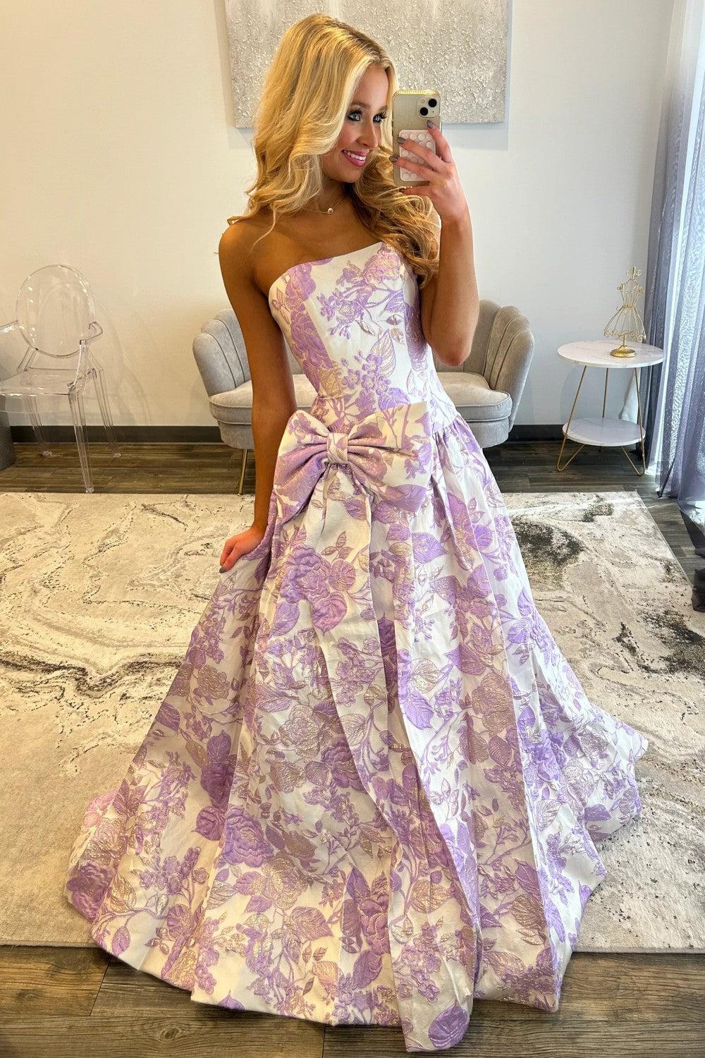 Romantic Purple Floral A-Line Strapless Long Prom Dress With Bow Formal Evening Gown